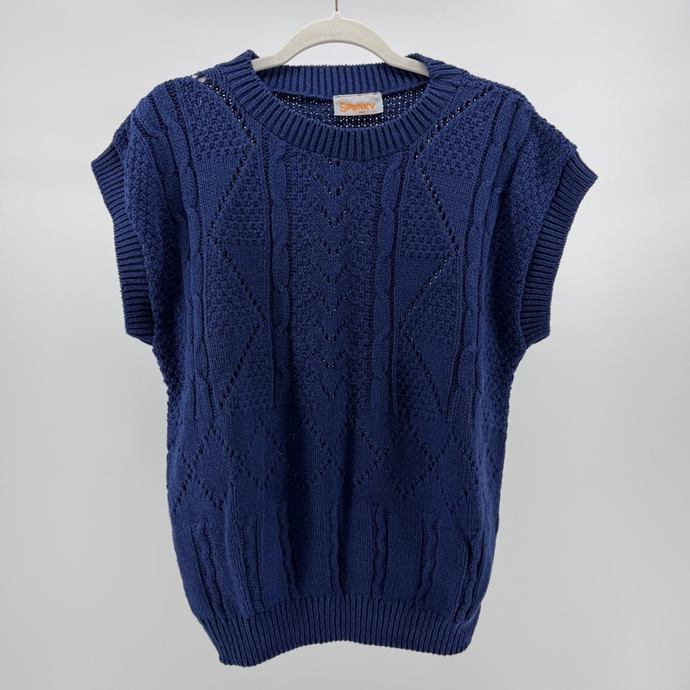 Vintage Spunky Navy Blue Short Sleeve Sweater/Vest, Made in USA, Women’s Large